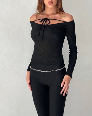 Motel Rocks Alondra Long Sleeve Tie Front T-shirts Damen Schwarz | SDM325VJ