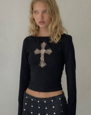 Motel Rocks Amabon T-shirts Damen Schwarz | KEJ3885NW