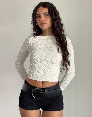 Motel Rocks Angela Textured Long Sleeve T-shirts Damen Weiß Weiß | QPJ3813XL