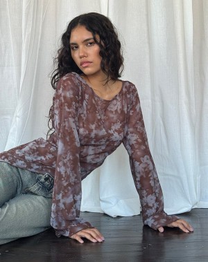 Motel Rocks Arcelia Long Sleeve Mesh Bluse Damen Grau Braun | NKI2683OK
