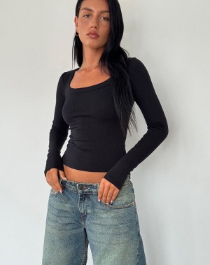 Motel Rocks Binlo Extra Long Sleeve T-shirts Damen Schwarz | MSX6091NX