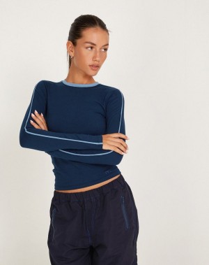 Motel Rocks Bonija Long Sleeve T-shirts Damen Navy Blau | LDY68100BM