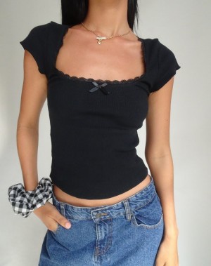 Motel Rocks Bovillo Cap Sleeve Top T-shirts Damen Schwarz | MAV2220SS