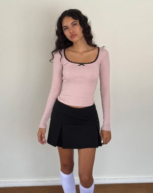 Motel Rocks Bovita Long Sleeve Gerippt T-shirts Damen Rosa Schwarz | NBE6911WG