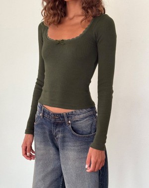 Motel Rocks Bovita Long Sleeve Gerippt T-shirts Damen Grün | SWD8611XF