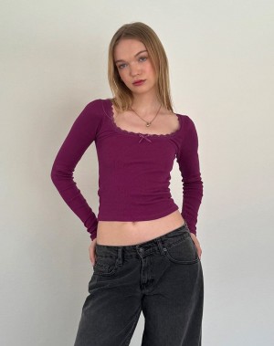 Motel Rocks Bovita Long Sleeve Gerippt T-shirts Damen Lila | TKR2591DH