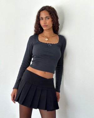 Motel Rocks Bovita Long Sleeve T-shirts Damen Blau Grau | MPA709QZ