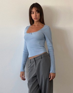 Motel Rocks Bovita Long Sleeve T-shirts Damen Blau | GRU6214WE