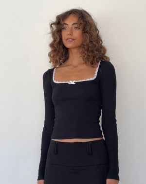 Motel Rocks Bovita Long Sleeve T-shirts Damen Schwarz Weiß | HLQ3183AH