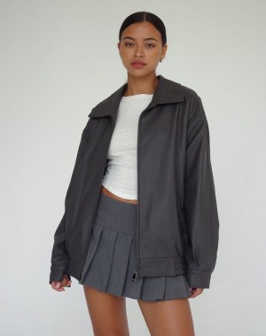 Motel Rocks Cavita Pu Lederjacke Damen Grau Schwarz | QNF4052BJ
