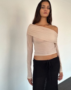 Motel Rocks Chidi Sheer Mesh Bardot T-shirts Damen Braun | ISN703PB