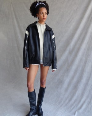 Motel Rocks Corvina Pu Lederjacke Damen Schwarz Weiß | VJU668VI