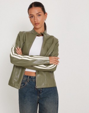 Motel Rocks Jacquie Zip Up Biker-jacke Damen Grün Weiß | PBY8850TA