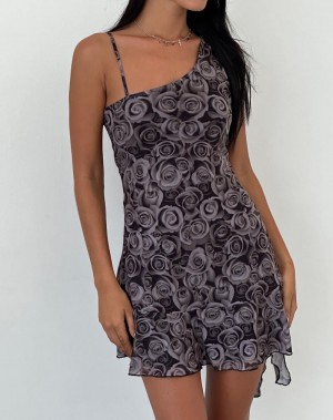 Motel Rocks Joanna Asymmetric Minikleid Damen Schwarz Rosa | VDZ67SW