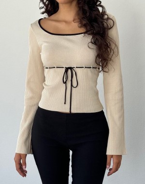 Motel Rocks Juhye Gestrickt Long Sleeve T-shirts Damen Beige Schwarz | KJS6119PR