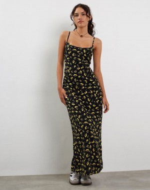Motel Rocks Kafka Maxikleid Damen Schwarz Gelb | MHY7720TQ