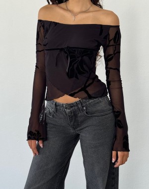 Motel Rocks Kareena Long Sleeve Bardot T-shirts Damen Lila Schwarz | AIQ418NI