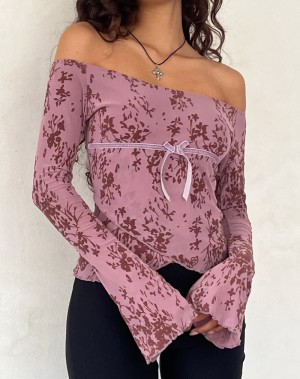 Motel Rocks Kareena Long Sleeve Bardot T-shirts Damen Lila | EDT2353AL
