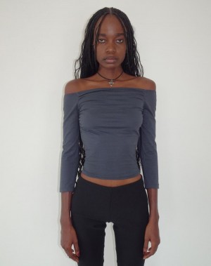 Motel Rocks Koby Off Shoulder Bardot T-shirts Damen Blau Grau | YBZ7124FB