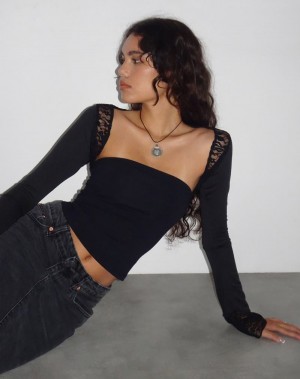 Motel Rocks Lenny Spitze Shrug T-shirts Damen Schwarz | HHO686UK