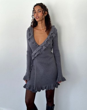 Motel Rocks Marianna Long Sleeve Gestrickt Minikleid Damen Dunkelgrau | YRX1146NJ