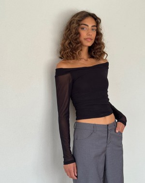 Motel Rocks Nauri Long Sleeve Bardot T-shirts Damen Schwarz | WUU5049AJ