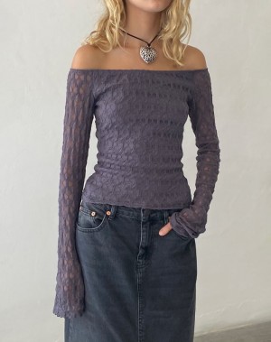 Motel Rocks Neira Long Sleeve Bardot T-shirts Damen Blau Grau | MLA3285QR