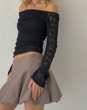 Motel Rocks Neira Long Sleeve Bardot T-shirts Damen Schwarz | SZN3935NJ