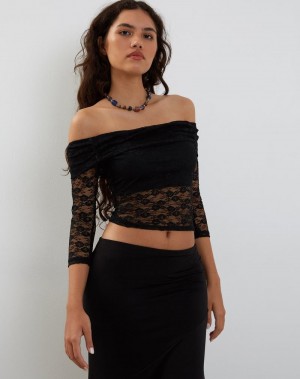 Motel Rocks Nixie Long Sleeve Bardot T-shirts Damen Schwarz | WSV1875VR