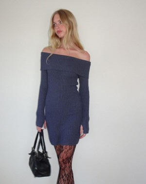 Motel Rocks Queeva Gestrickt Bardot Minikleid Damen Dunkelgrau | DVR3946AZ
