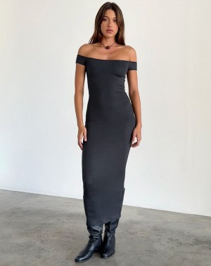 Motel Rocks Racha Thick Rib Bardot Maxikleid Damen Schwarz | YRG4384ZJ