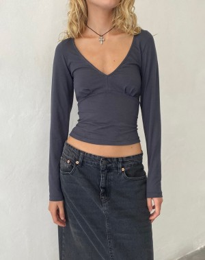 Motel Rocks Sisil Long Sleeve T-shirts Damen Blau Grau | KVI7073XV