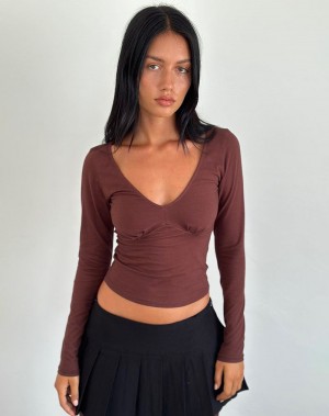 Motel Rocks Sisil Long Sleeve T-shirts Damen Dunkelbraun | CAC9446FB