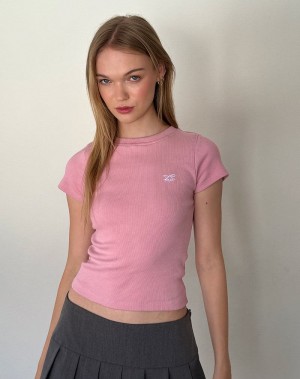 Motel Rocks Suti Gerippt Tee T-shirts Damen Rosa Weiß | GFK3096BP