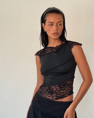Motel Rocks Weasly Spitze T-shirts Damen Schwarz | EPM7525WD