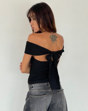 Motel Rocks Wilda Bardot Bow Back T-shirts Damen Schwarz | YVY8232HK