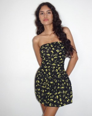 Motel Rocks Zhao Bandeau Minikleid Damen Schwarz Gelb | LFR2697BG