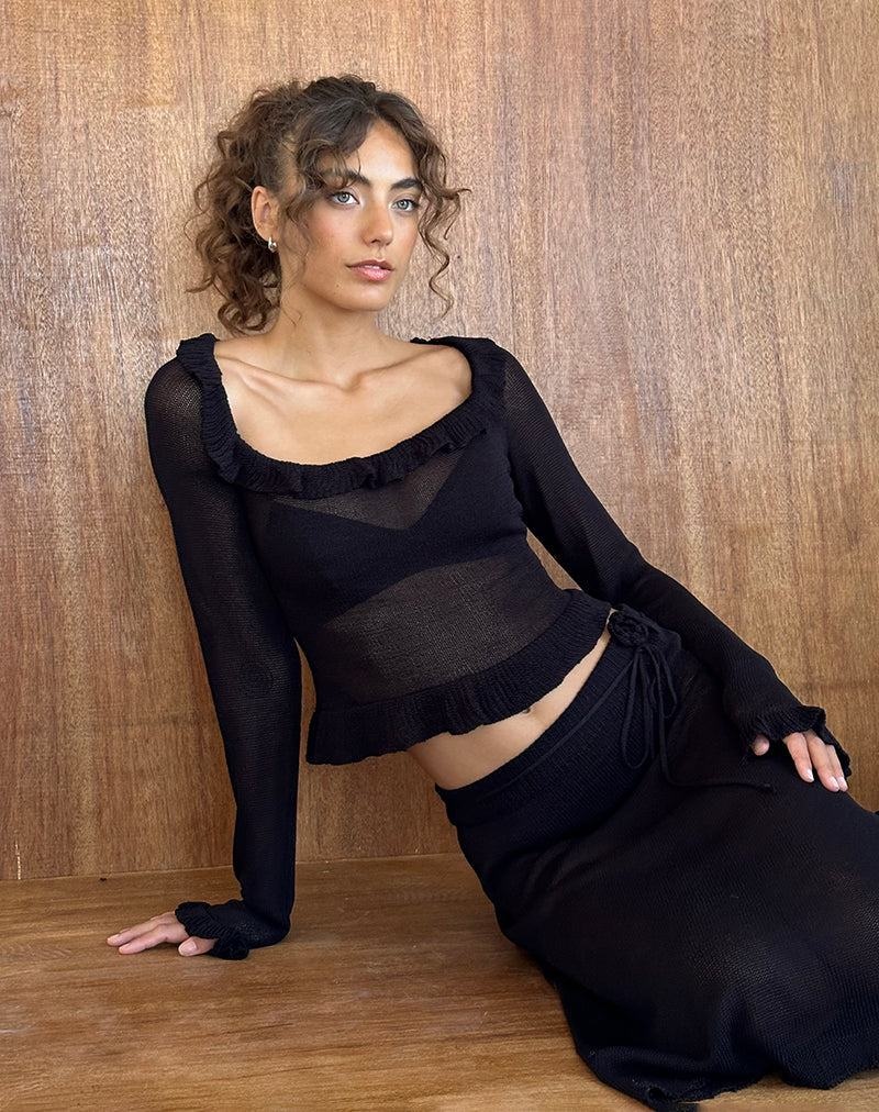 Motel Rocks Ayako Frill Fine Knit T-shirts Damen Schwarz | GRF3271AC