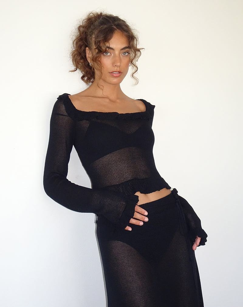 Motel Rocks Ayako Frill Fine Knit T-shirts Damen Schwarz | GRF3271AC