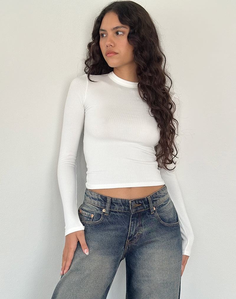 Motel Rocks Beech Gerippt Long Sleeve T-shirts Damen Weiß | MDT3962NN