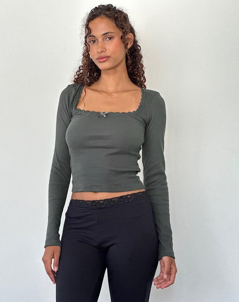 Motel Rocks Bovita Long Sleeve Gerippt T-shirts Damen Grün Grau | EDC7244NL