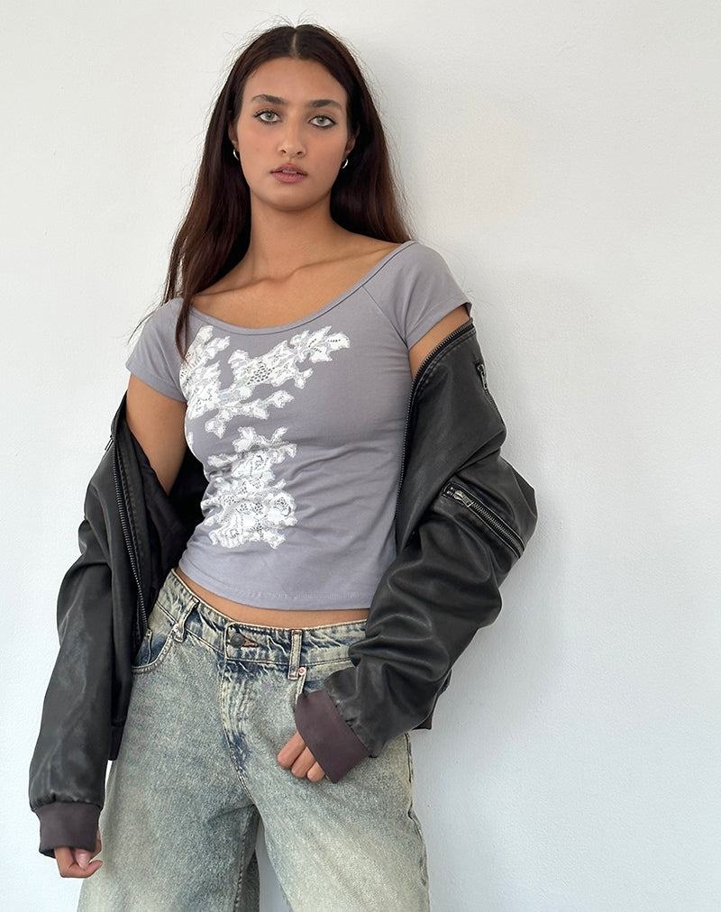 Motel Rocks Charya Off The Shoulder T-shirts Damen Grau Weiß | JDU425QX