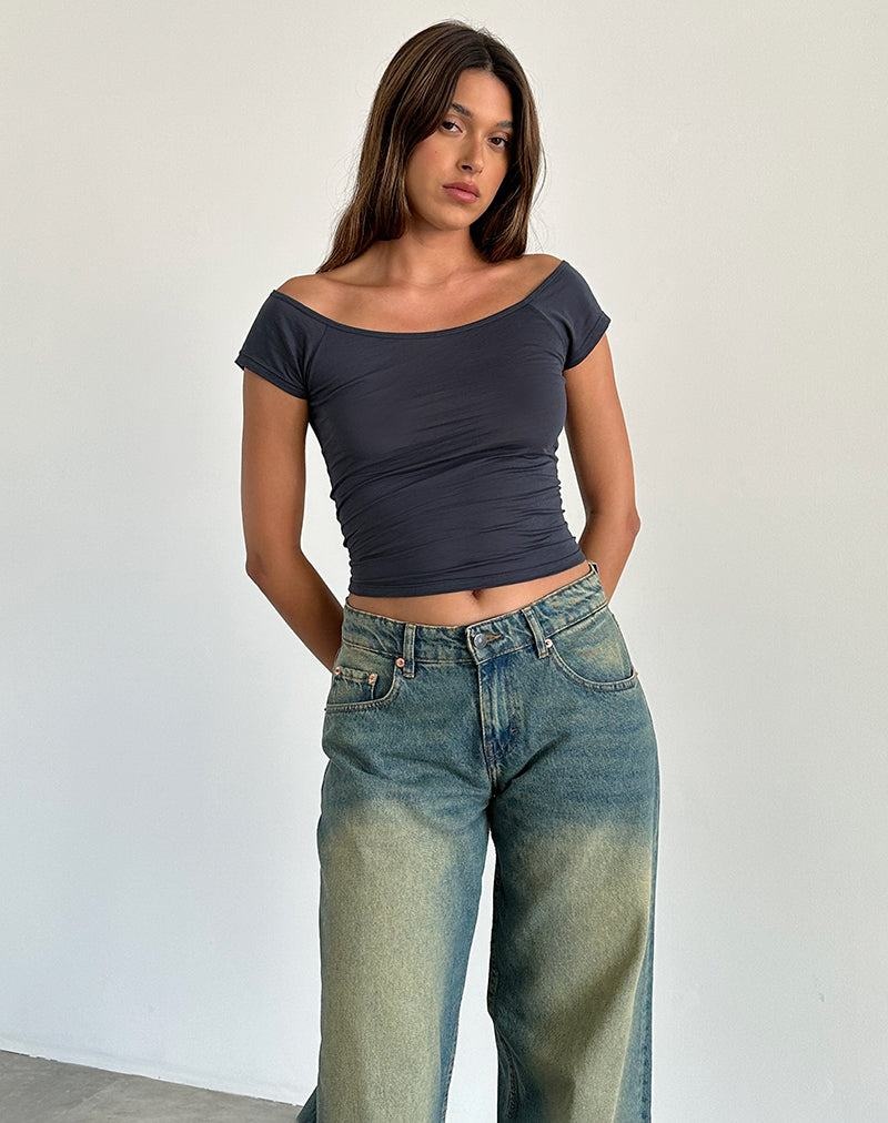 Motel Rocks Charya Off The Shoulder T-shirts Damen Blau Grau | CRT477IJ