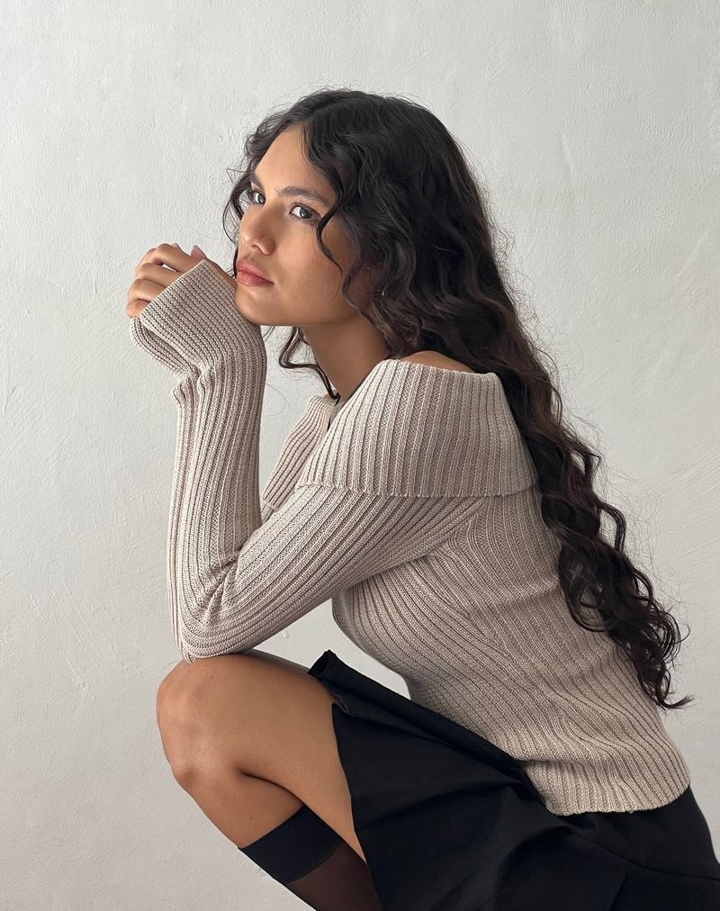 Motel Rocks Circe Off-shoulder Long Sleeve Knit Top Pullover Damen Beige | RID7830SW