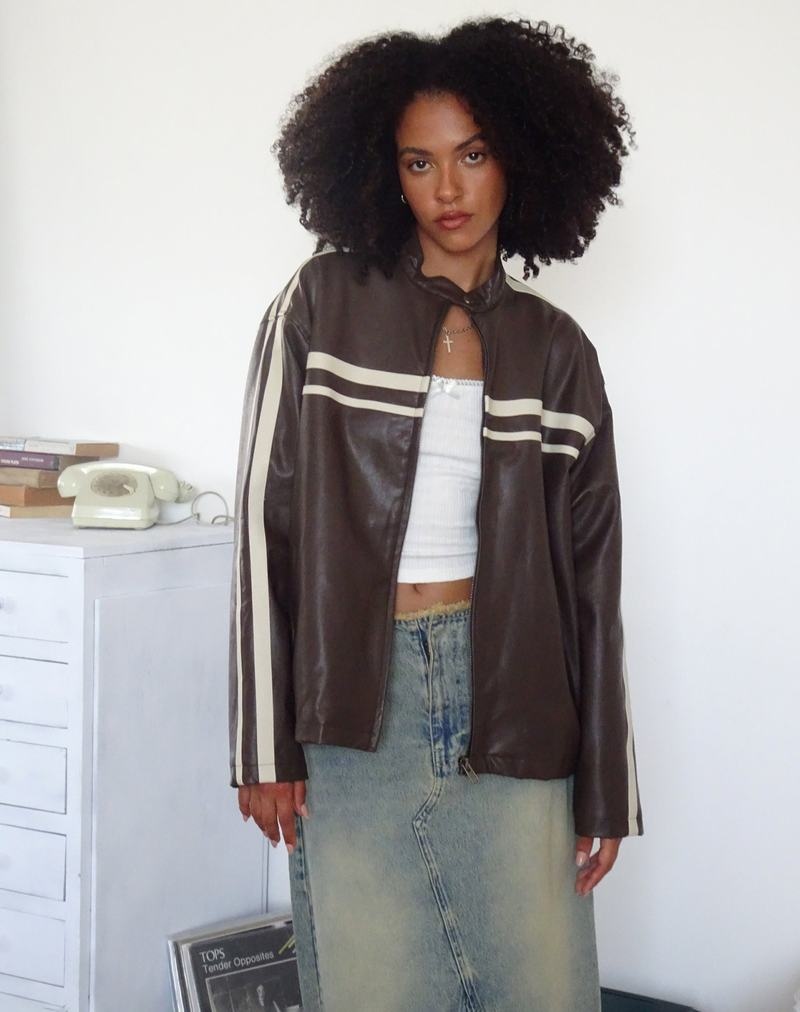 Motel Rocks Colton Lederjacke Damen Dunkelbraun Weiß | GYW628DB