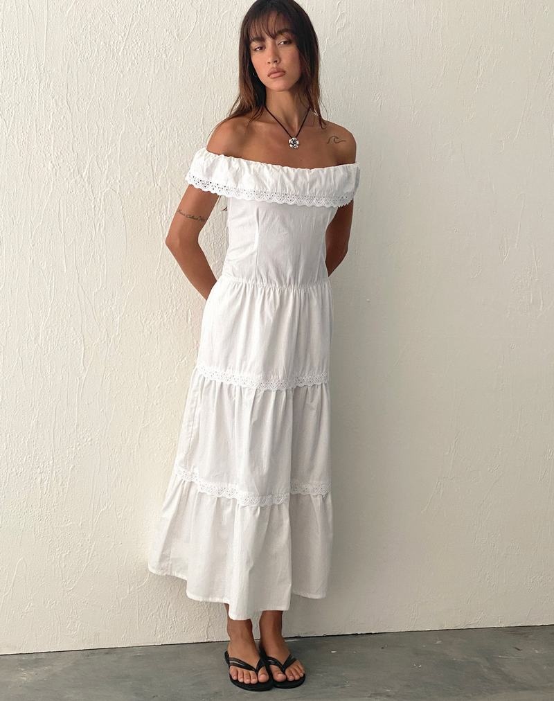 Motel Rocks Helpa Tiered Bardot Maxikleid Damen Weiß | PWM8163HA