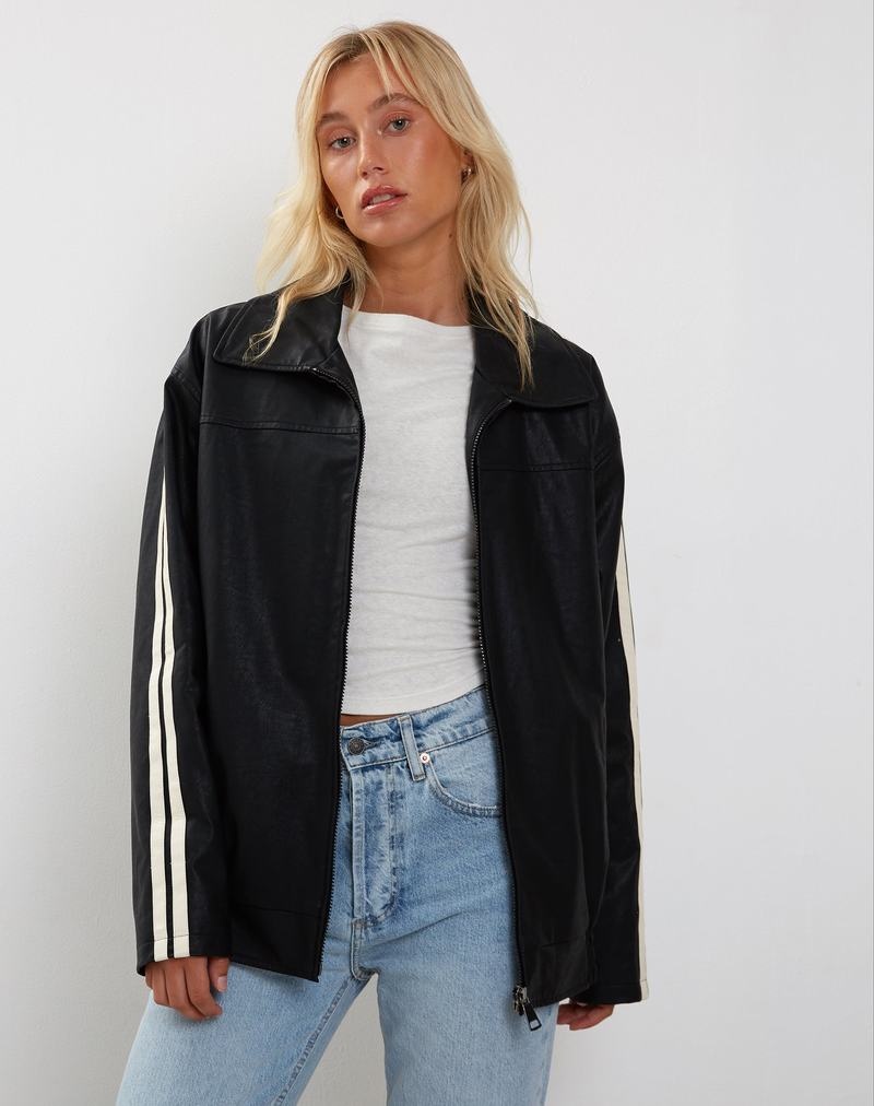 Motel Rocks Javana Zip Up Lederjacke Damen Schwarz Beige | KXY9933GD