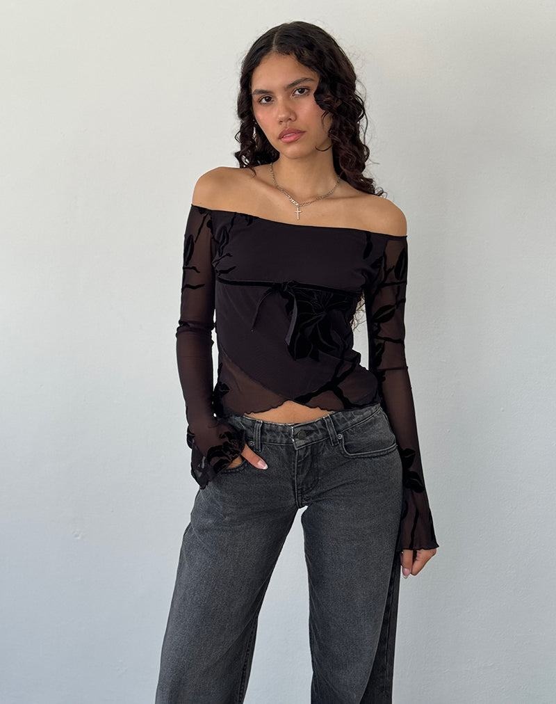Motel Rocks Kareena Long Sleeve Bardot T-shirts Damen Lila Schwarz | AIQ418NI