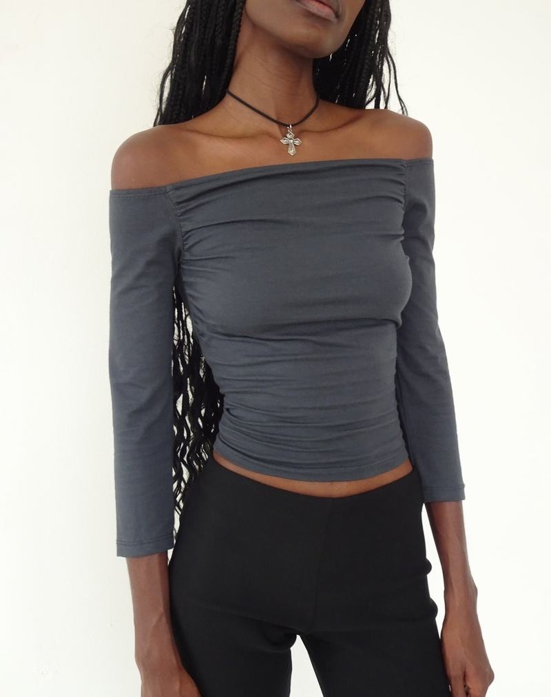 Motel Rocks Koby Off Shoulder Bardot T-shirts Damen Blau Grau | YBZ7124FB