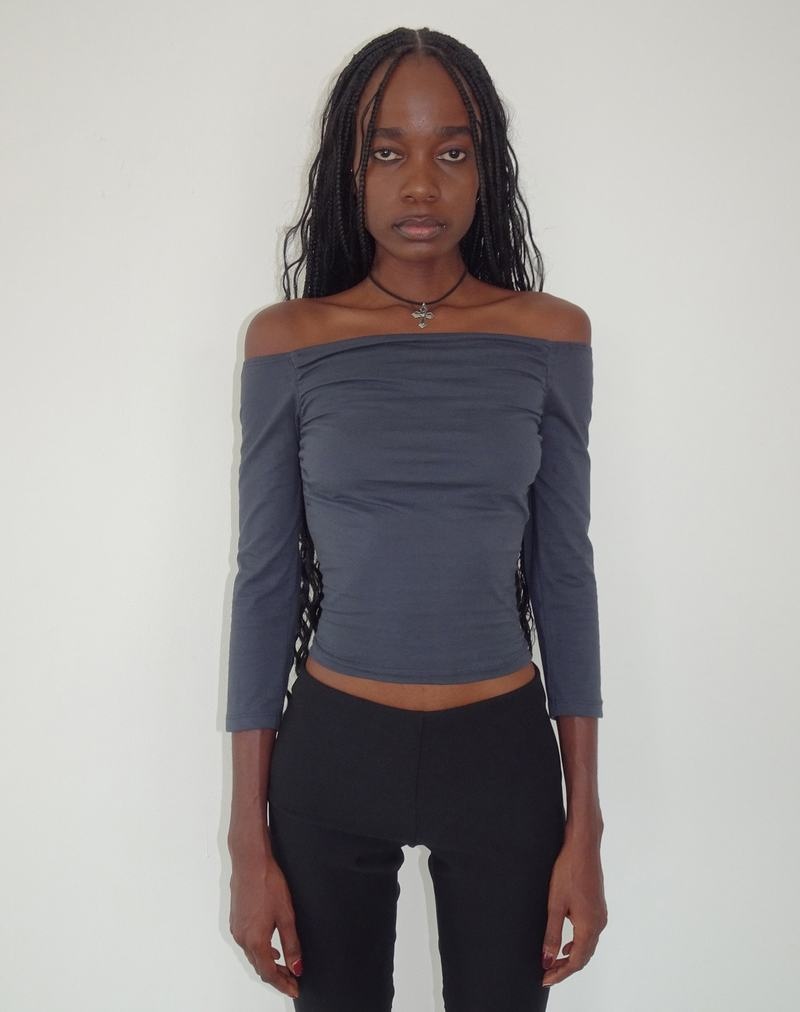 Motel Rocks Koby Off Shoulder Bardot T-shirts Damen Blau Grau | YBZ7124FB
